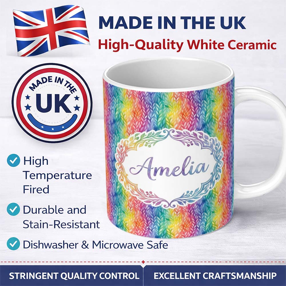 Personalized Custom Name Watercolor Leaf Stripe Rainbow Pattern Seamless Botanical Design 11oz Ceramic Coffee Tea Mug White Large Handle