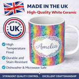 Personalized Custom Name Watercolor Leaf Stripe Rainbow Pattern Seamless Botanical Design 11oz Ceramic Coffee Tea Mug White Large Handle