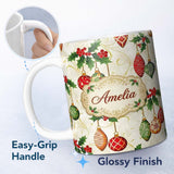 Personalized Custom Name Elegant Holly Leaves Red Green Baubles Seamless Pattern Lovely 11oz Ceramic Coffee Tea Mug White Large Handle