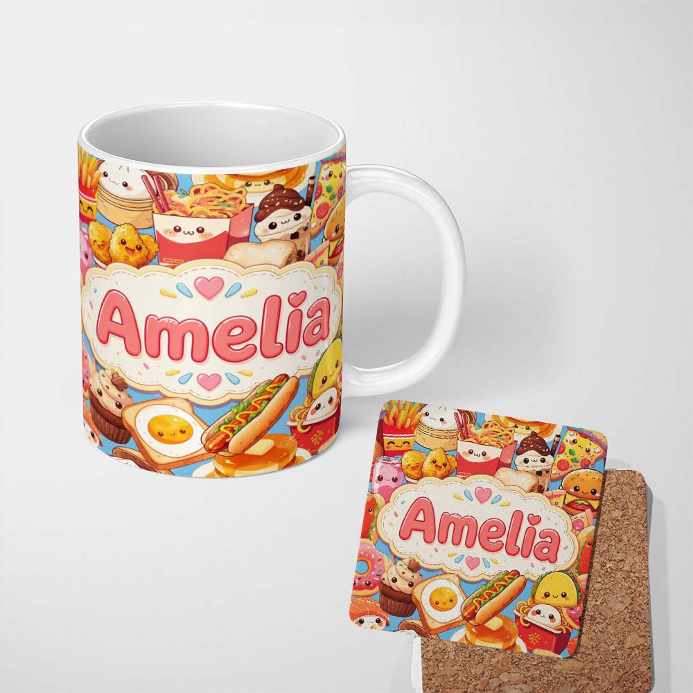Personalized Custom Name Kawaii Fast Food Collage Burger Pizza Fries Drinks Blue Seamless 11oz Ceramic Coffee Tea Mug White Large Handle