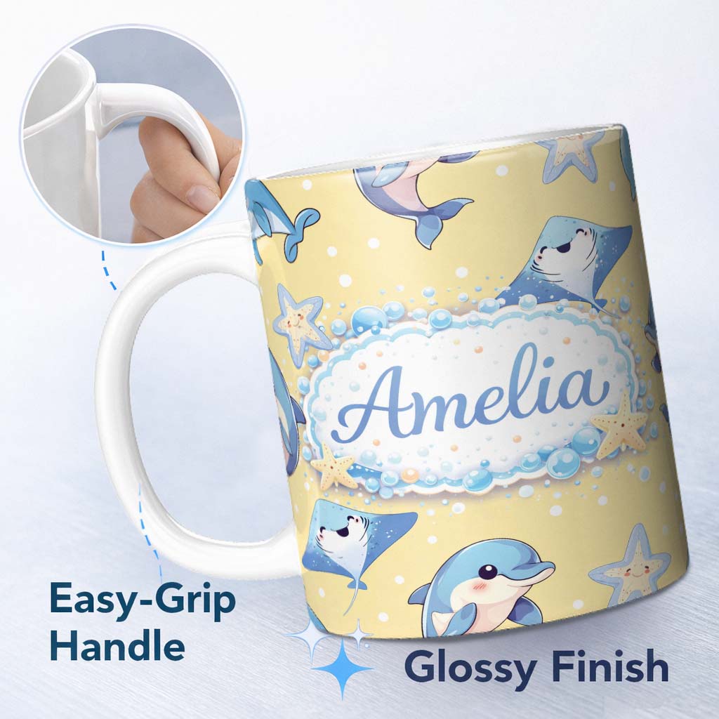 Personalized Custom Name Cute Dolphin Stingray Starfish Ocean Sea Life Warm Beige Background 11oz Ceramic Coffee Tea Mug White Large Handle