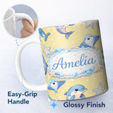 Personalized Custom Name Cute Dolphin Stingray Starfish Ocean Sea Life Warm Beige Background 11oz Ceramic Coffee Tea Mug White Large Handle