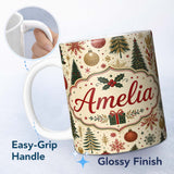 Personalized Custom Name Elegant Christmas Tree Snowflake Bauble Festive Seamless Pattern 11oz Ceramic Coffee Tea Mug White Large Handle