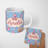 Personalized Custom Name Cute Christmas Gingerbread Candy Gift House Seamless Pattern Blue 11oz Ceramic Coffee Tea Mug White Large Handle