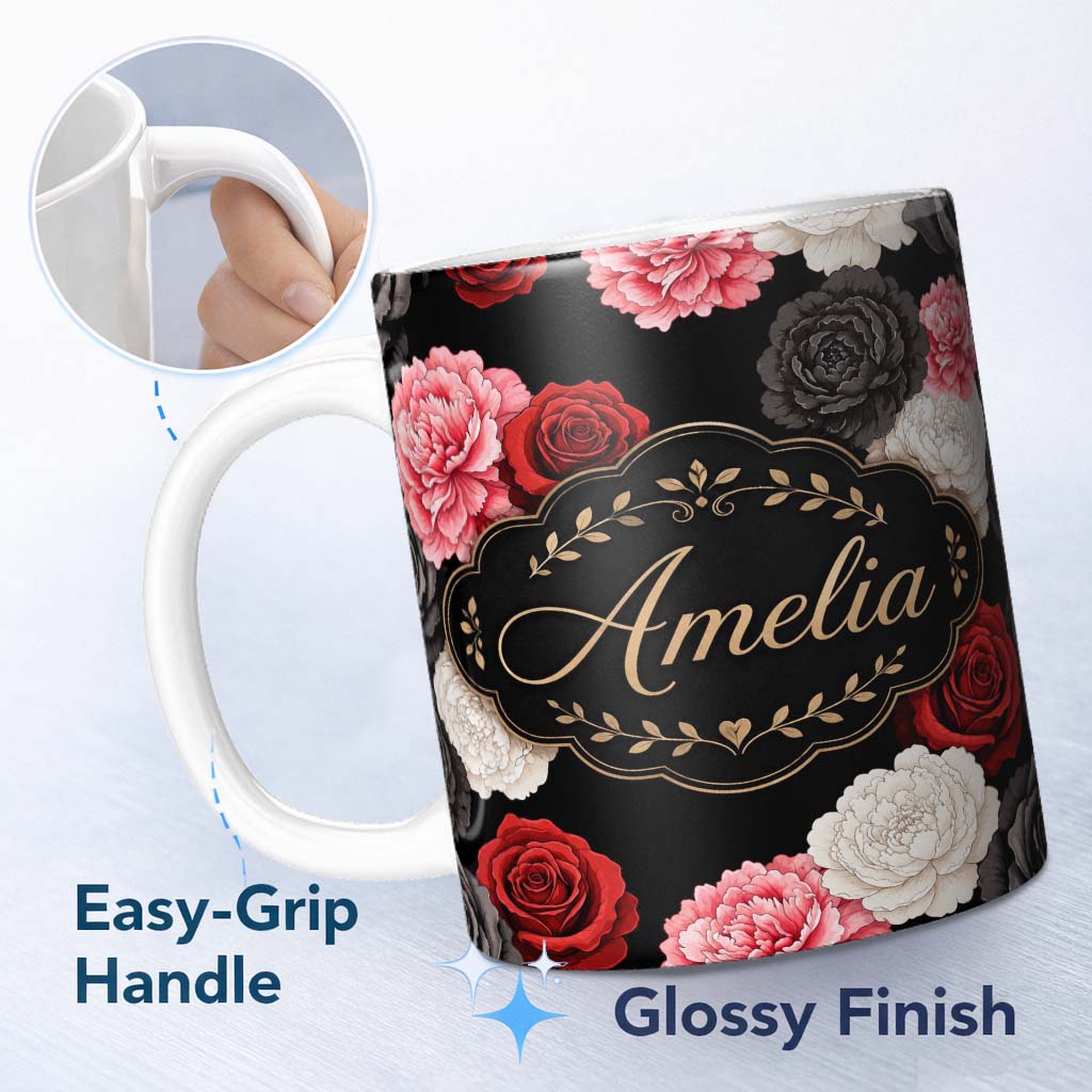 Personalized Custom Name Elegant Rose Floral Seamless Pattern in Red Black and White Lovely 11oz Ceramic Coffee Tea Mug White Large Handle