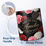 Personalized Custom Name Elegant Rose Floral Seamless Pattern in Red Black and White Lovely 11oz Ceramic Coffee Tea Mug White Large Handle