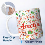 Personalized Custom Name Watercolor Santa Reindeer Snowman Elf Seamless Pattern Lovely 11oz Ceramic Coffee Tea Mug White Large Handle