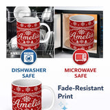 Personalized Custom Name Knitted Red Christmas Snowflake Tree Seamless Pattern Lovely 11oz Ceramic Coffee Tea Mug White Large Handle