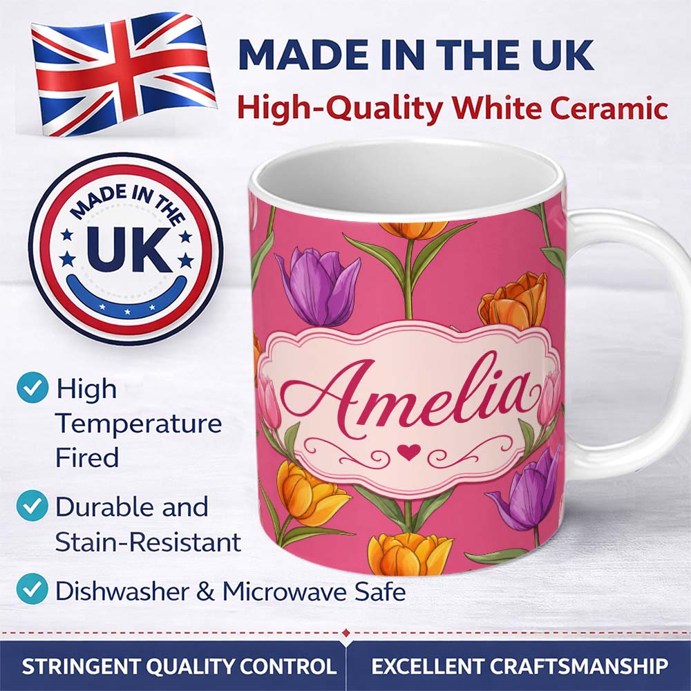 Personalized Custom Name Elegant Tulip Floral Seamless Pattern Bright Pink Background Spring 11oz Ceramic Coffee Tea Mug White Large Handle