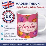 Personalized Custom Name Elegant Tulip Floral Seamless Pattern Bright Pink Background Spring 11oz Ceramic Coffee Tea Mug White Large Handle