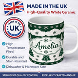 Personalized Custom Name Green White Snowflakes Christmas Trees Winter Seamless Pattern 11oz Ceramic Coffee Tea Mug White Large Handle