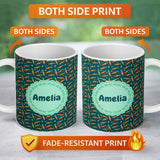 Personalized Custom Name Cute Minimal Carrot and Clover Tossed Dark Teal Background Design 11oz Ceramic Coffee Tea Mug White Large Handle