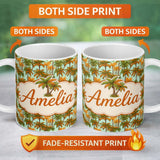 Personalized Custom Name Tropical Palm Tree Summer Beach Seamless Pattern on Mint Background 11oz Ceramic Coffee Tea Mug White Large Handle