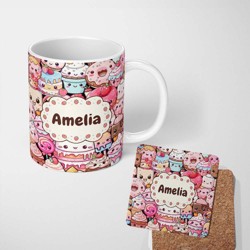 Personalized Custom Name Cute Cartoon Cakes Donuts and Milkshakes with Pastel Colors Seamless 11oz Ceramic Coffee Tea Mug White Large Handle