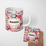 Personalized Custom Name Cute Cartoon Cakes Donuts and Milkshakes with Pastel Colors Seamless 11oz Ceramic Coffee Tea Mug White Large Handle