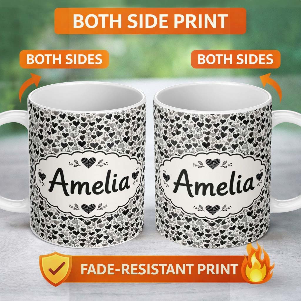 Personalized Custom Name Black and White Hand Drawn Hearts Doodle Seamless Pattern Romantic 11oz Ceramic Coffee Tea Mug White Large Handle