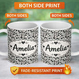 Personalized Custom Name Black and White Hand Drawn Hearts Doodle Seamless Pattern Romantic 11oz Ceramic Coffee Tea Mug White Large Handle