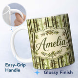 Personalized Custom Name Dark Bamboo Stalks with Layered Leaves Natural Green Seamless Lovely 11oz Ceramic Coffee Tea Mug White Large Handle