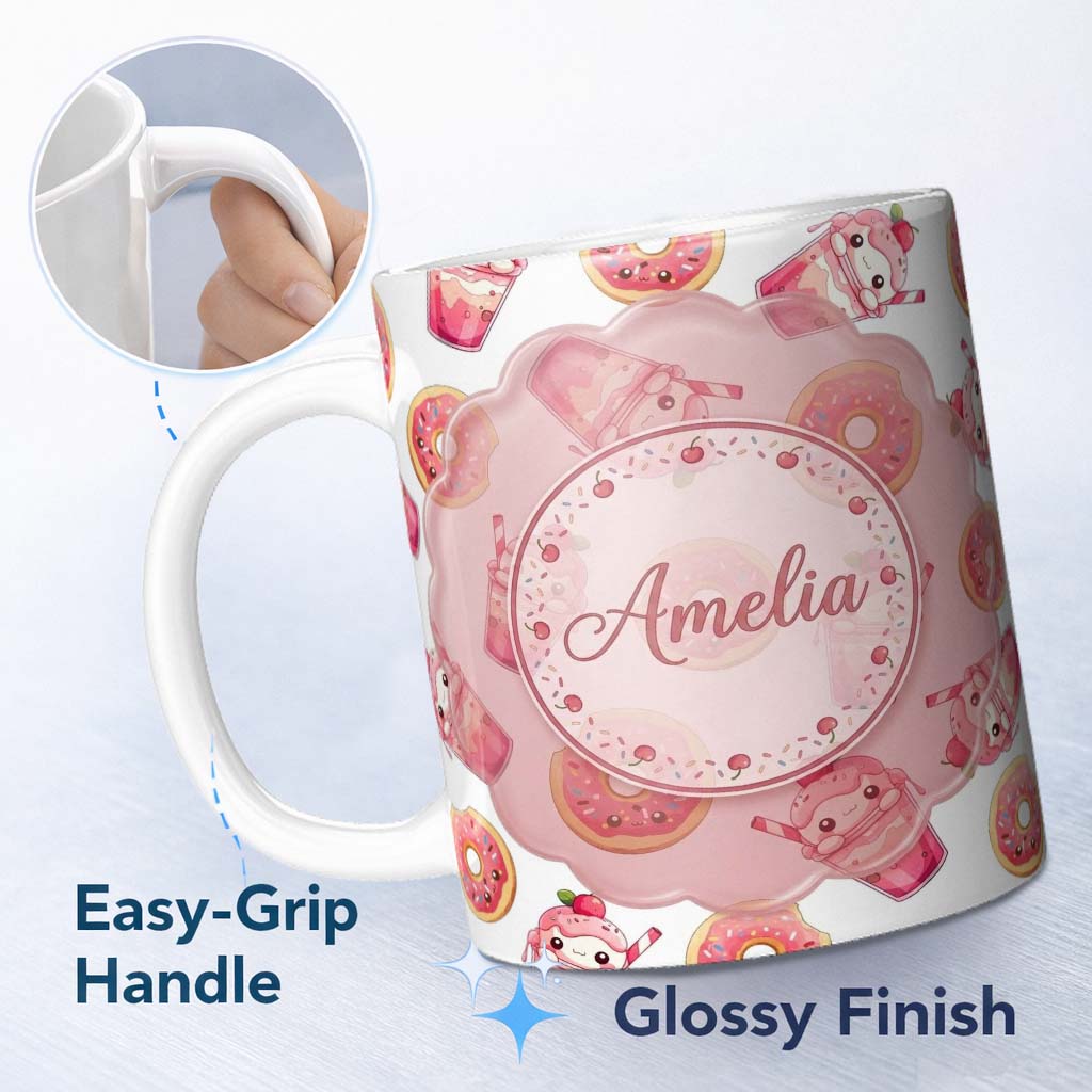 Personalized Custom Name Cute Kawaii Donuts and Strawberry Milkshake White Background 11oz Ceramic Coffee Tea Mug White Large Handle