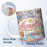 Personalized Custom Name Cute Kawaii School Supplies Rainbow Sun Globe Notebook White Lovely 11oz Ceramic Coffee Tea Mug White Large Handle