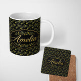 Personalized Custom Name Olive Branches and Olives Seamless Pattern Dark Botanical Lovely 11oz Ceramic Coffee Tea Mug White Large Handle