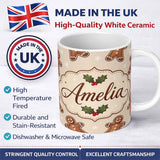 Personalized Custom Name Gingerbread Cookies Holly Leaves Festive Christmas Seamless Pattern 11oz Ceramic Coffee Tea Mug White Large Handle