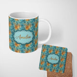 Personalized Custom Name Teal Orange Grunge Floral Texture Seamless Pattern Cute Unique Gift 11oz Ceramic Coffee Tea Mug White Large Handle