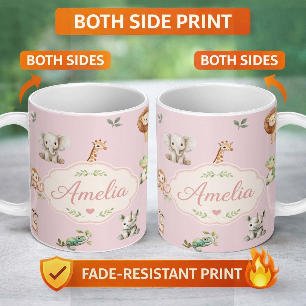 Personalized Custom Name Safari Animals with Elephant Lion and Crocodile on Soft Pink Lovely 11oz Ceramic Coffee Tea Mug White Large Handle