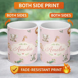 Personalized Custom Name Safari Animals with Elephant Lion and Crocodile on Soft Pink Lovely 11oz Ceramic Coffee Tea Mug White Large Handle