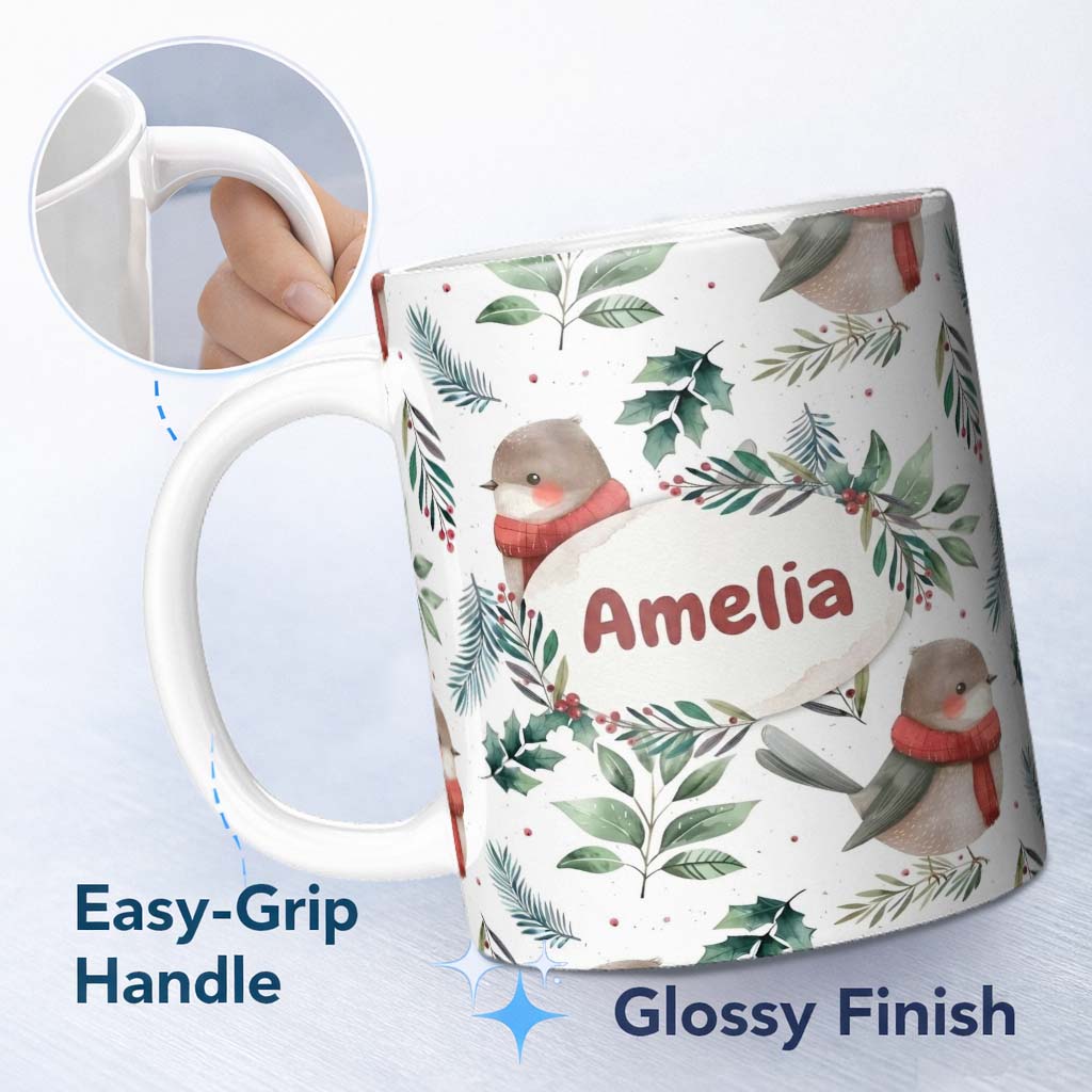 Personalized Custom Name Cute Winter Birds with Scarf and Botanical Leaves Seamless Pattern 11oz Ceramic Coffee Tea Mug White Large Handle