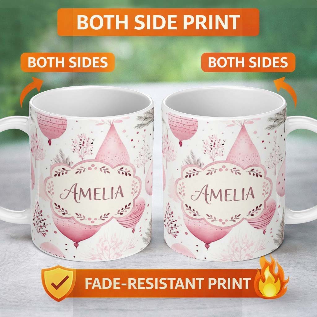 Personalized Custom Name Watercolor Pink Christmas Bauble Ornament Botanical Seamless Pattern 11oz Ceramic Coffee Tea Mug White Large Handle