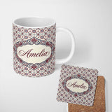 Personalized Custom Name Decorative Red Blue Floral Tile Mosaic Seamless Pattern Lovely 11oz Ceramic Coffee Tea Mug White Large Handle