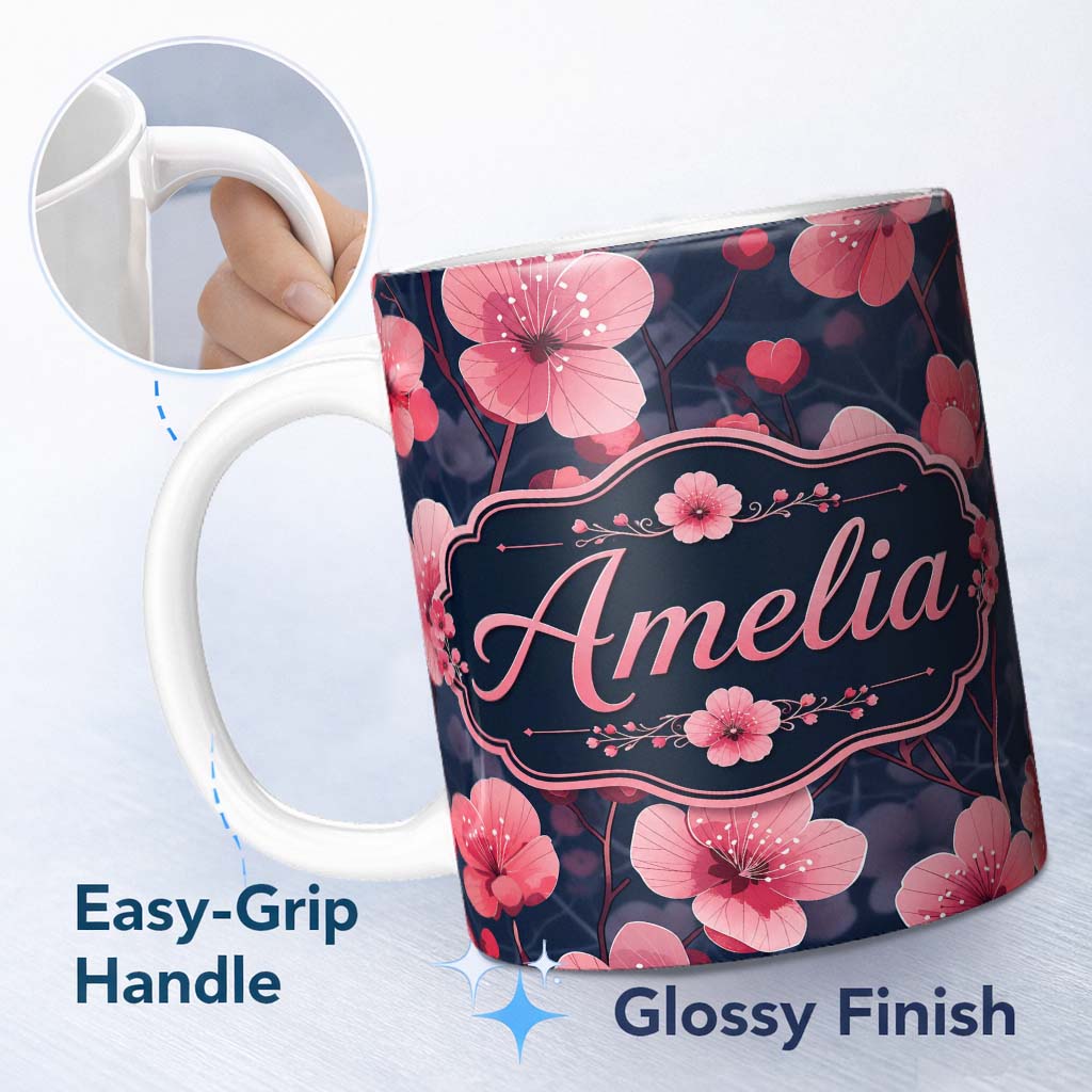 Personalized Custom Name Stylized Cherry Blossom Flowers with Heart Buds Pattern Modern 11oz Ceramic Coffee Tea Mug White Large Handle