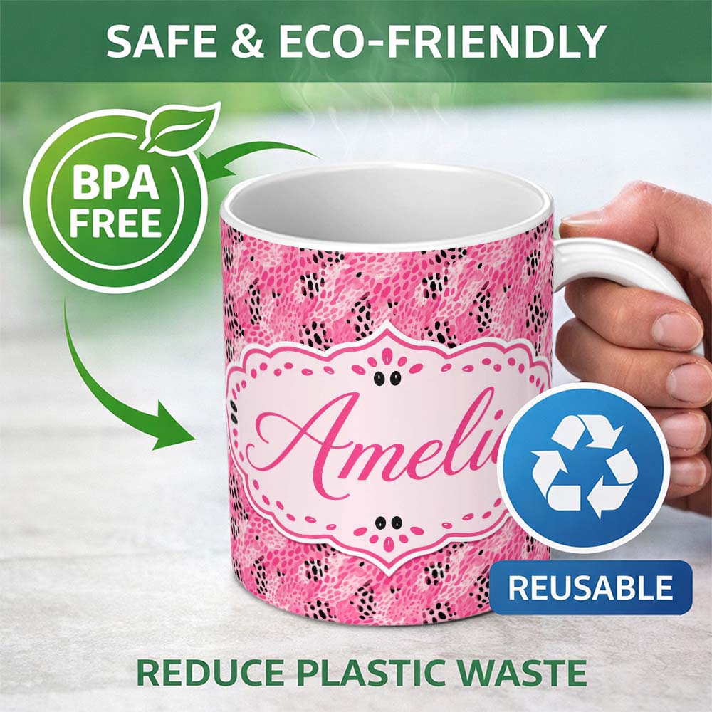 Personalized Custom Name Bold Pink and Black Abstract Animal Print Seamless Pattern Lovely 11oz Ceramic Coffee Tea Mug White Large Handle