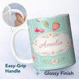 Personalized Custom Name Strawberry Cherry Bow Seamless Pattern Teal Frame Cute Coquette 11oz Ceramic Coffee Tea Mug White Large Handle