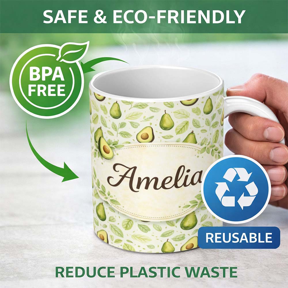 Personalized Custom Name Avocado Leaf Fresh Green Pattern Stylish Everyday Mug Lovely 11oz Ceramic Coffee Tea Mug White Large Handle