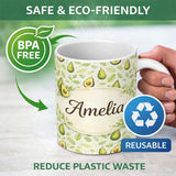 Personalized Custom Name Avocado Leaf Fresh Green Pattern Stylish Everyday Mug Lovely 11oz Ceramic Coffee Tea Mug White Large Handle