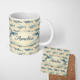 Personalized Custom Name Vintage Blue Whale Seamless Pattern Beige Ocean Animal Design Lovely 11oz Ceramic Coffee Tea Mug White Large Handle