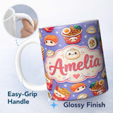 Personalized Custom Name Cute Kawaii Sushi Ramen Dumpling Food Purple Background Seamless 11oz Ceramic Coffee Tea Mug White Large Handle
