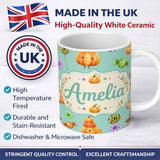 Personalized Custom Name Cute Halloween Pumpkin Candy Characters Mint Background Seamless 11oz Ceramic Coffee Tea Mug White Large Handle