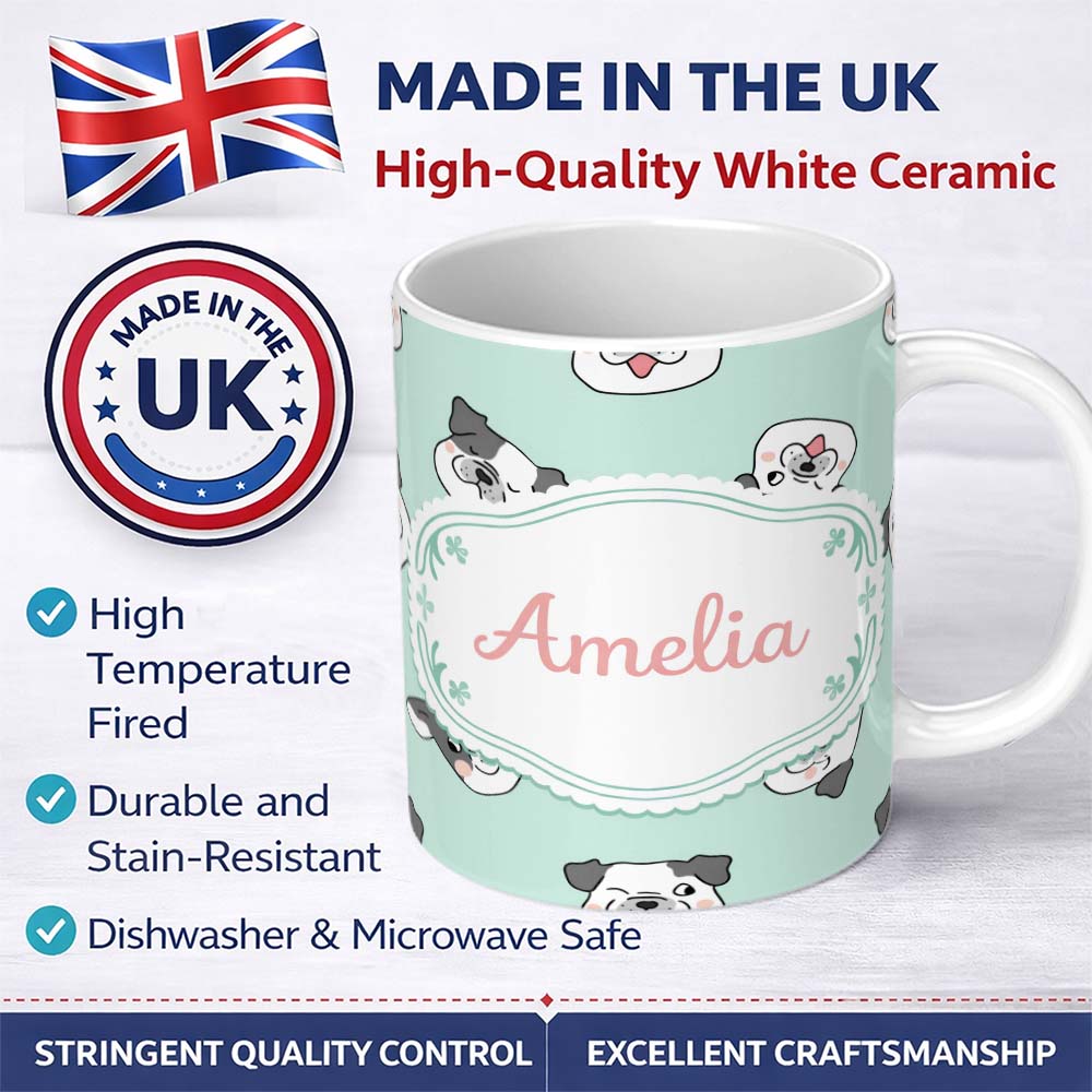 Personalized Custom Name Cute French Bulldog Faces Teal Background Seamless Pattern Lovely 11oz Ceramic Coffee Tea Mug White Large Handle