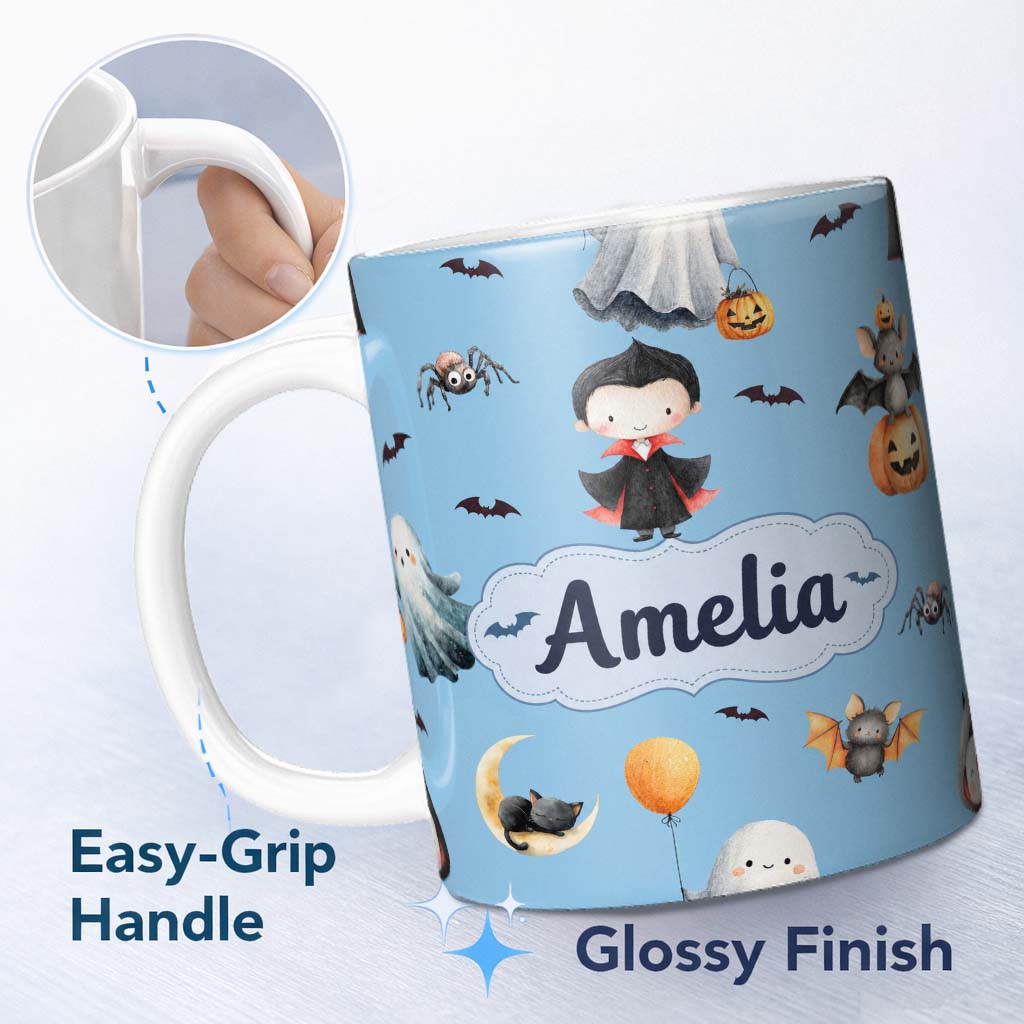 Personalized Custom Name Cute Halloween Dracula Ghost Bats on Blue Background Seamless Lovely 11oz Ceramic Coffee Tea Mug White Large Handle