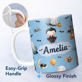 Personalized Custom Name Cute Halloween Dracula Ghost Bats on Blue Background Seamless Lovely 11oz Ceramic Coffee Tea Mug White Large Handle