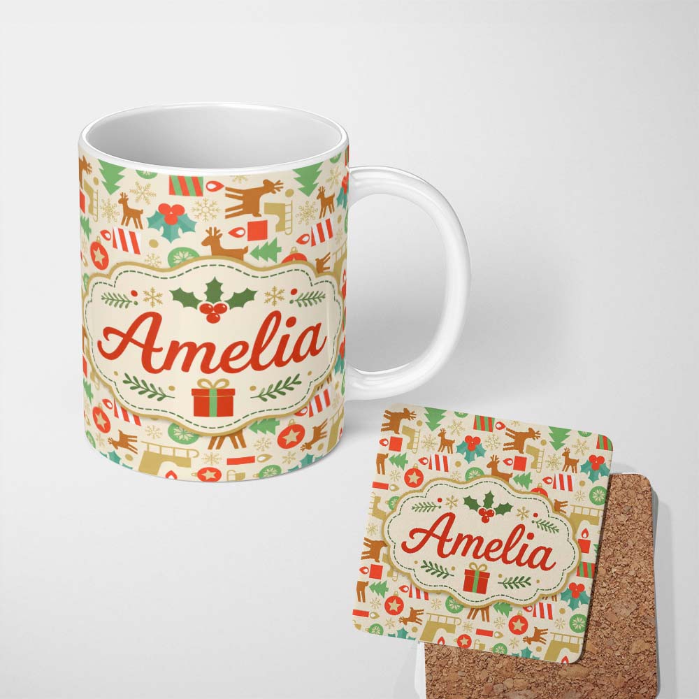 Personalized Custom Name Cute Reindeer Christmas Tree Ornament Seamless Pattern Lovely 11oz Ceramic Coffee Tea Mug White Large Handle