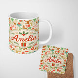 Personalized Custom Name Cute Reindeer Christmas Tree Ornament Seamless Pattern Lovely 11oz Ceramic Coffee Tea Mug White Large Handle
