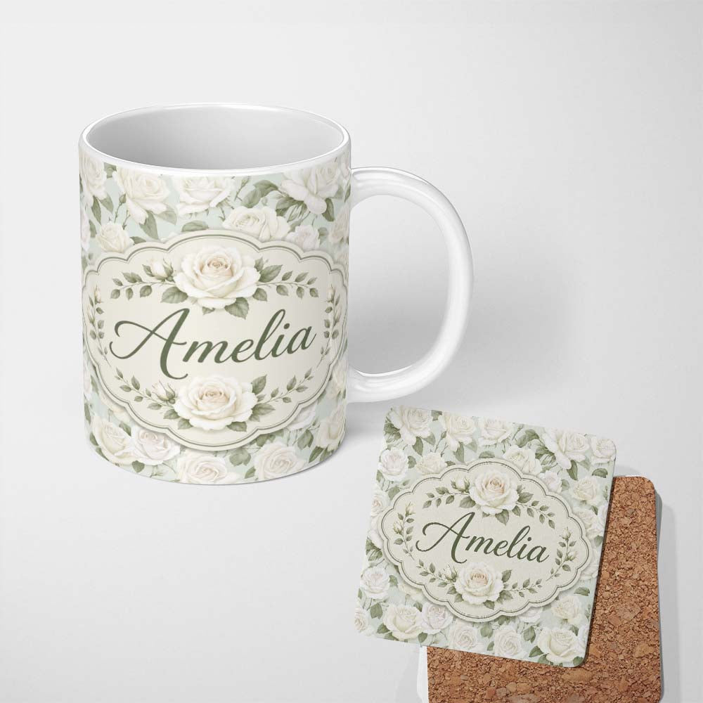 Personalized Custom Name Elegant White Roses Vintage Floral Seamless Pattern Cute Unique Gift 11oz Ceramic Coffee Tea Mug White Large Handle