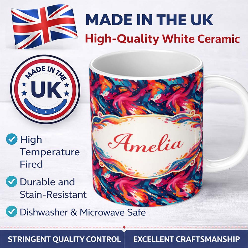 Personalized Custom Name High Contrast Marble Swirl Red Black White Abstract Pattern Lovely 11oz Ceramic Coffee Tea Mug White Large Handle