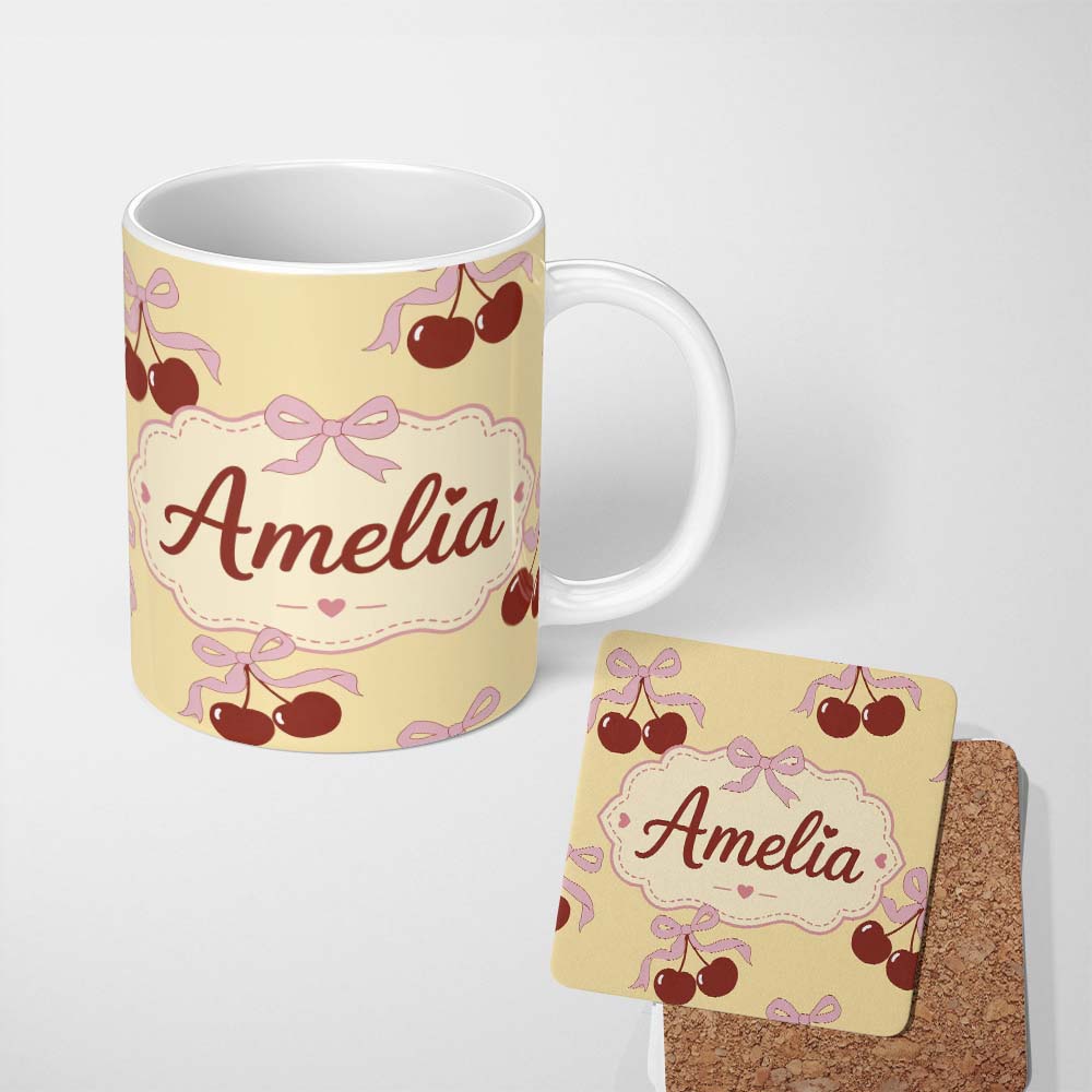 Personalized Custom Name Cherry Bow Ribbon Cute Golden Beige Soft Background Seamless Pattern 11oz Ceramic Coffee Tea Mug White Large Handle