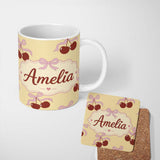 Personalized Custom Name Cherry Bow Ribbon Cute Golden Beige Soft Background Seamless Pattern 11oz Ceramic Coffee Tea Mug White Large Handle