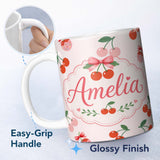 Personalized Custom Name Cute Cherry Fruit with Bow and Sprinkles Seamless Pattern Soft Beige 11oz Ceramic Coffee Tea Mug White Large Handle